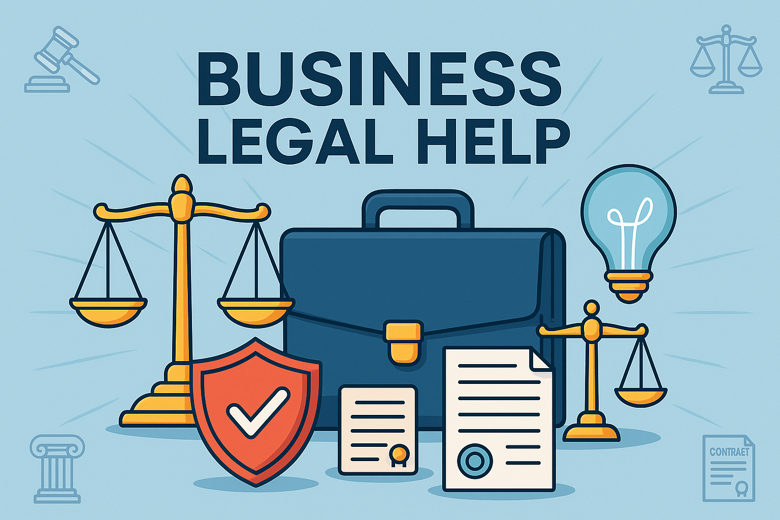 Illustration of business legal help featuring law symbols like scales of justice, briefcase, shield, documents, and light bulb.